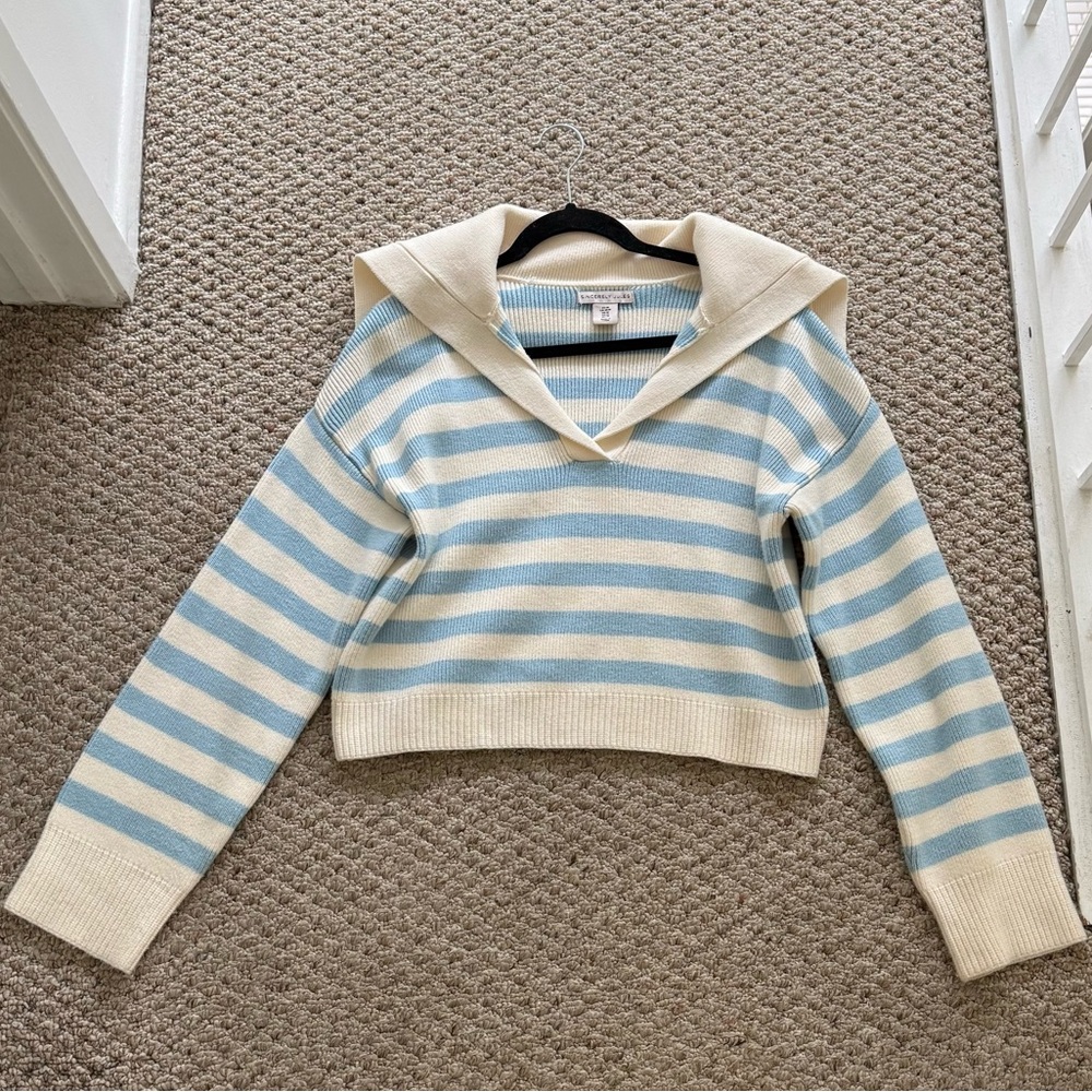 Striped Blue and Cream Cropped Knit Sweater